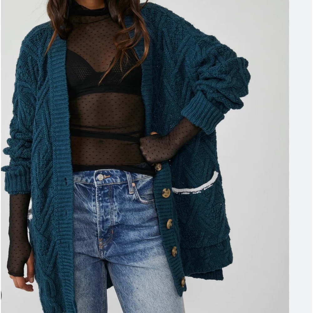 Free People Teal Cable Knit Button-Up Cardigan